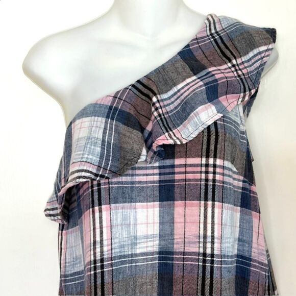 ANTHRO CLOTH & STONE PINK & BLUE PLAID ONE SHOULDER LINEN BLEND TOP SIZE LARGE - Picture 2 of 11